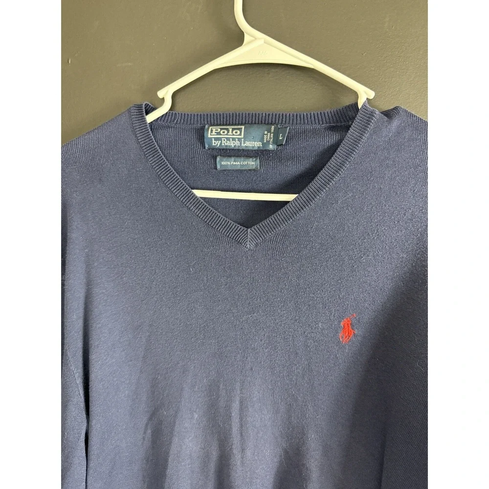 Polo Ralph Lauren Sweater Mens Size L Navy Blue Pima Cotton V‎ Neck Long Sleeve